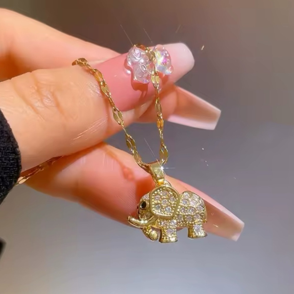 18K Gold 3D Elephant Bohemian Pave Diamond Inlay Pendant Necklace - Picture 3 of 11